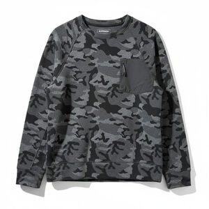 EXPRESS Mens Camouflage Crew Neck Pocket Pullover Sweatshirt Gray Large Casual